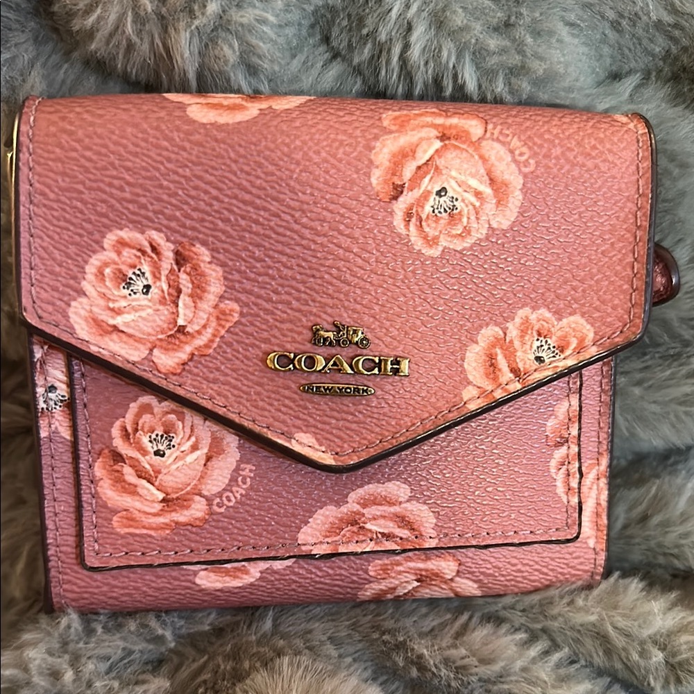 Coach Pink Floral Wallet with Pebbled Finish